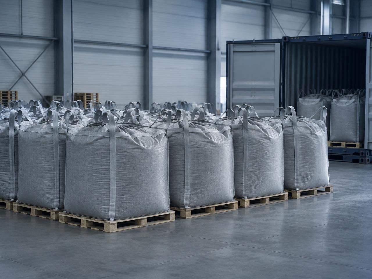 Sealed bulk bags of granular industrial material staged beside a shipping container