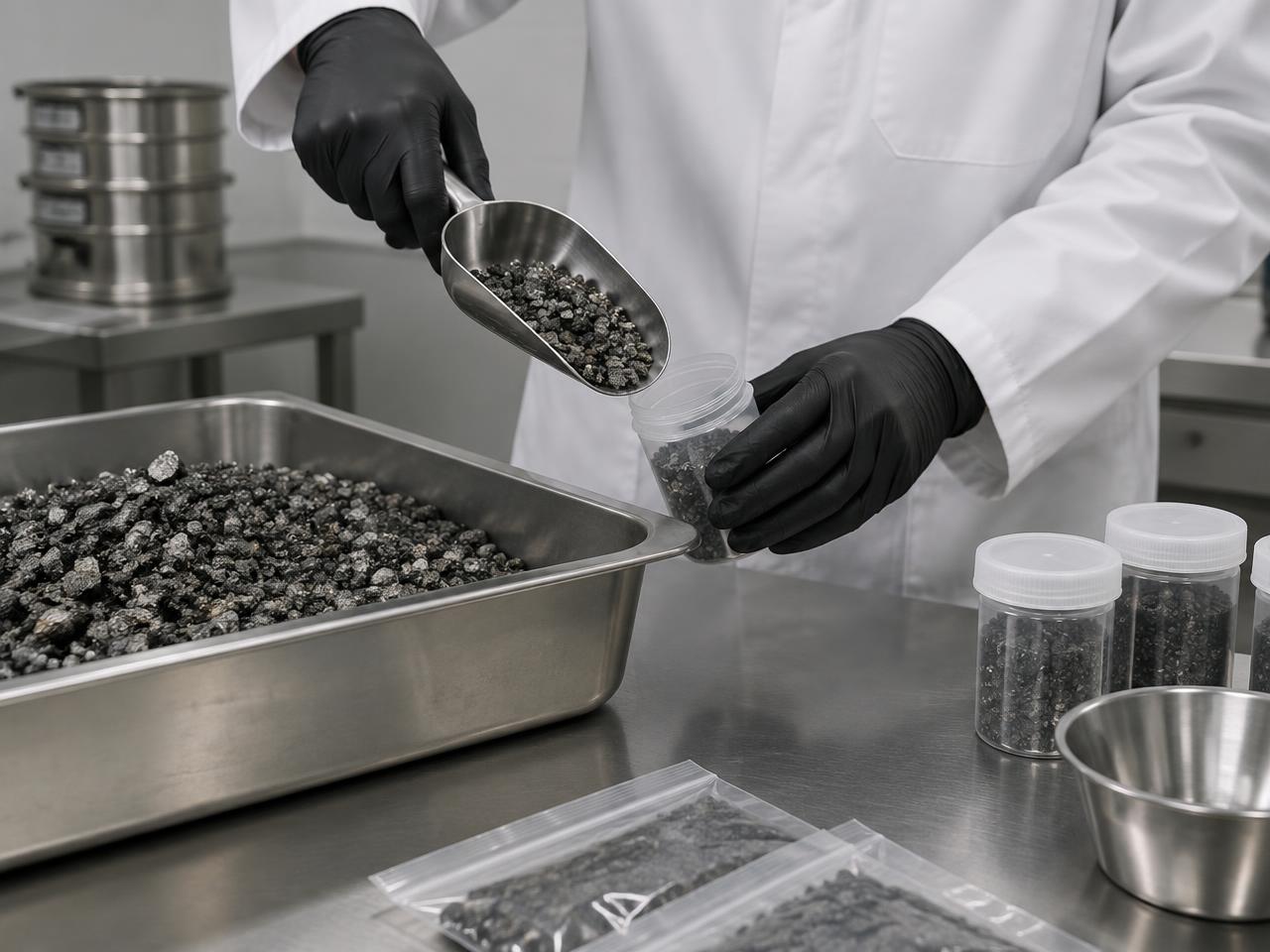 Laboratory sampling of granular metal-bearing material into labelled containers